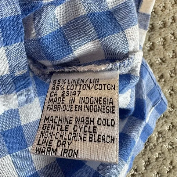 Talbots Women's Pure Irish Linen Shirt Blend Blue White Check 3/4 Sleeve‎ Sz P - Picture 3 of 9